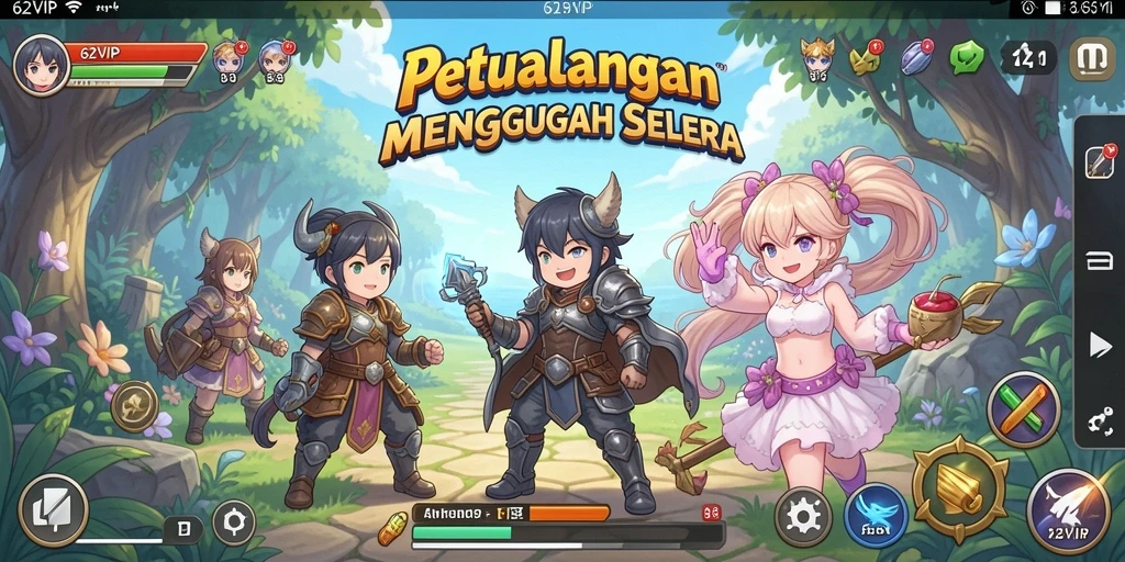 Tangkapan layar gameplay seru dalam 62VIP yang penuh petualangan Anime.