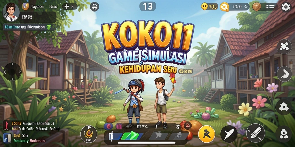 Screenshot menunjukkan gameplay KOKO11 dengan karakter dan dekorasi yang berwarna-warni.