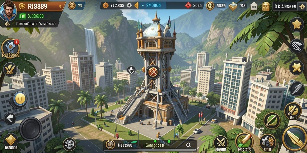 Skrinsut gameplay RI889 yang menunjukkan aksi Tower Defense yang intens.