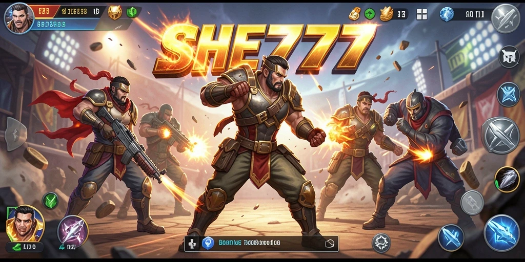 Tampilan gameplay intens dari SHE777 dalam pertempuran Battle Royale.