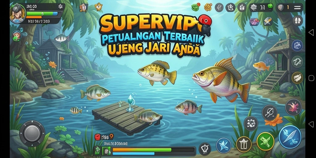 Gameplay SUPERVIP yang menampilkan pemandangan laut indah dan ikan yang bervariasi.