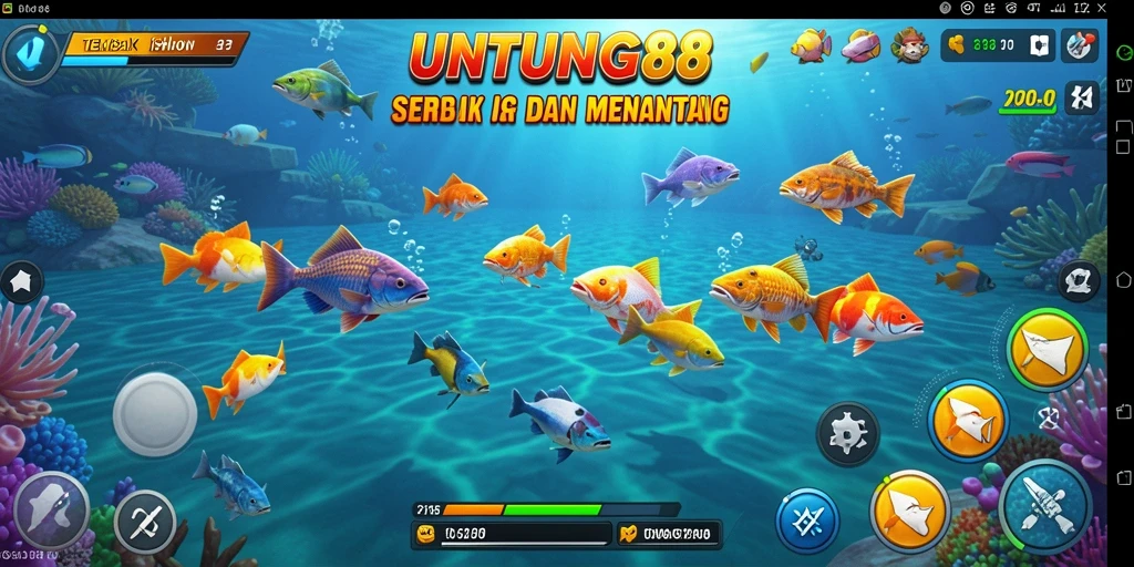 Tampilan gameplay UNTUNG88 yang mendebarkan saat menembak ikan berwarna-warni.